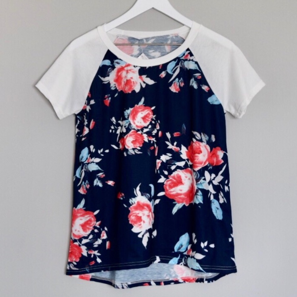 Navy Raglan Tee w/ Pretty Floral Pattern